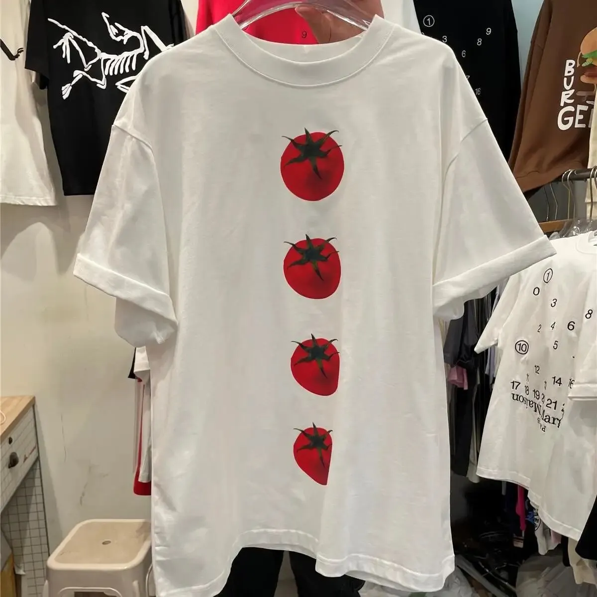 Maxct Summer Y2k Aesthetic Loose Tees Kawaii Cute Tomato Print T-shirts Short Sleeve O Neck Fashion All Match Tops Women