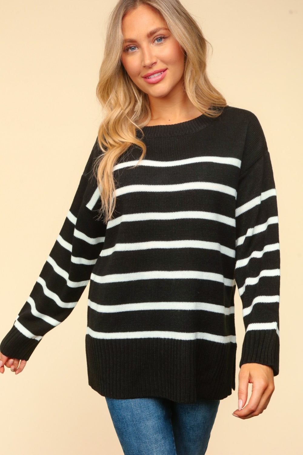 Maxct &Haptics Full Size Striped Contrast Side Slit Sweater