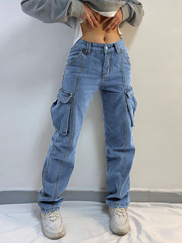 Washed Mid Waist Pocket Cargo Jeans Maxct