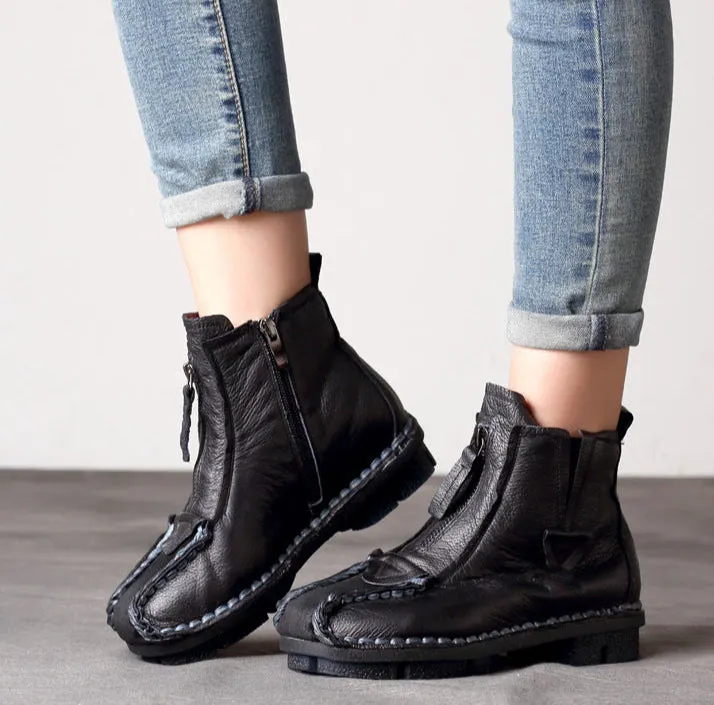Maxct Trendy Ethnic Retro Handmade Leather Zipper Short Boots