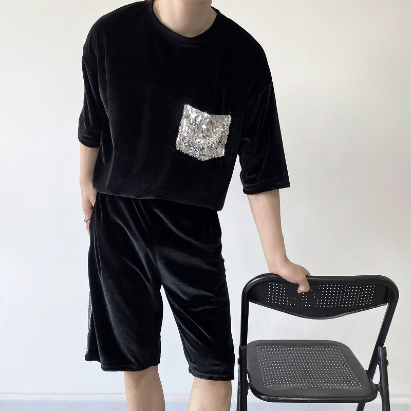 Maxct Glitter Sequin Pocket Velvet T-Shirt Shorts Set