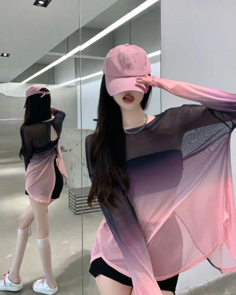 Maxct Sexy Hollow Out Backless T Shirts Women Gradient Ice Silk Loose Sunscreen Shirts Summer Gothic See Through Blouses Tops