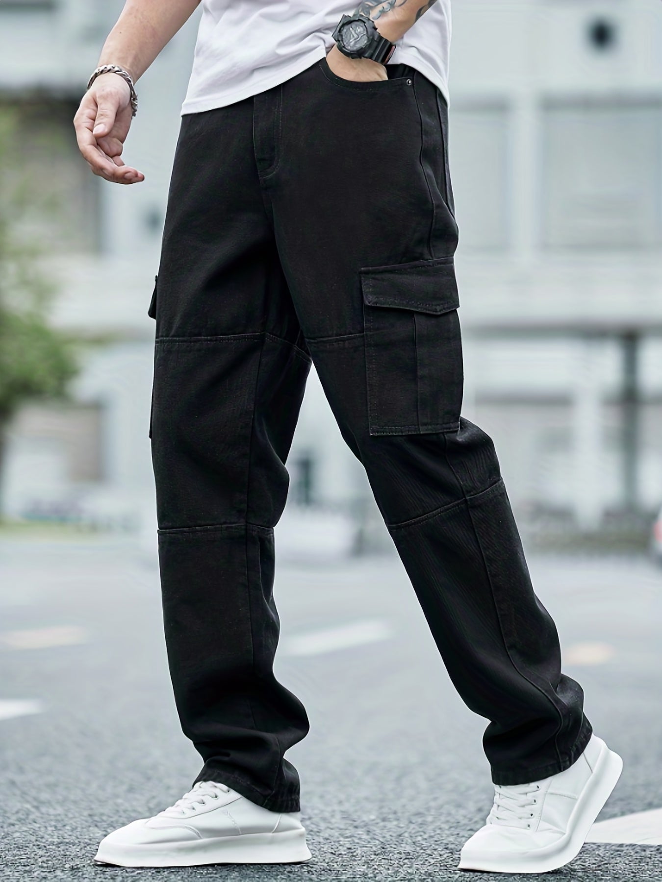 Maxct Loose Fit Flap Pocket Jeans, Men's Casual Street Style Denim Pants For All Seasons
