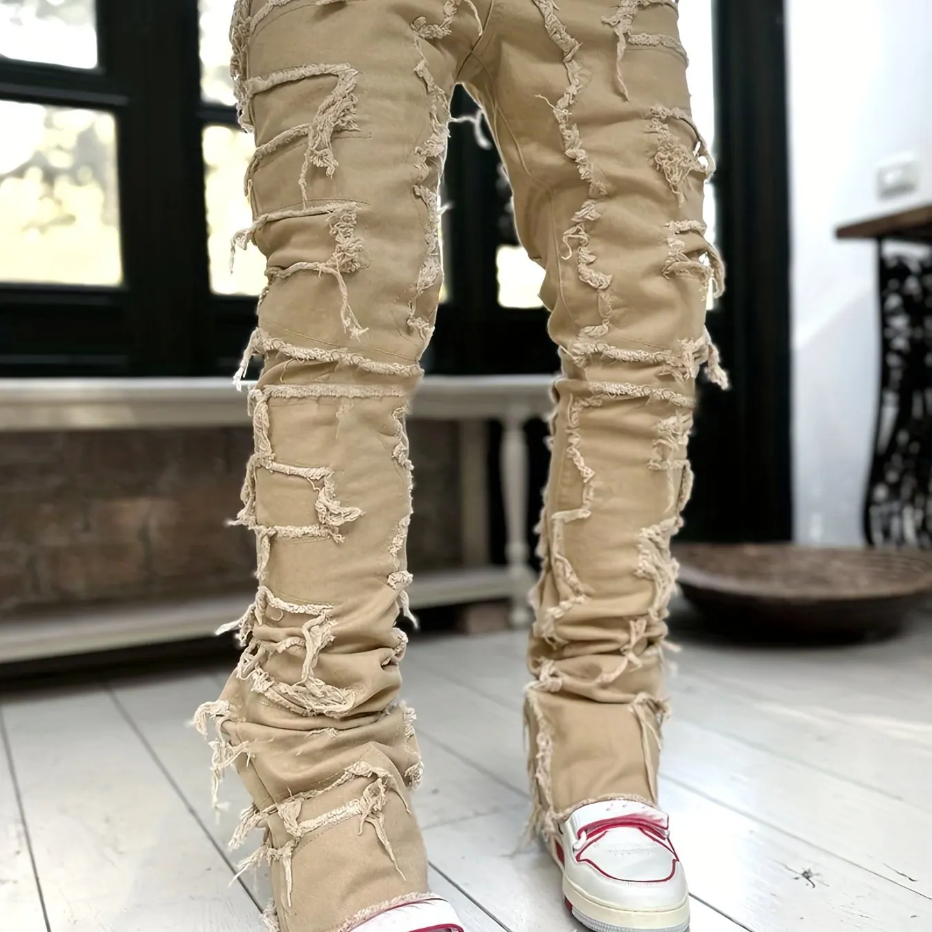 Maxct Creative Tassels Decoration Straight Fit Jeans, Men's Casual Medium Stretch Street Style Denim Pants For All Seasons