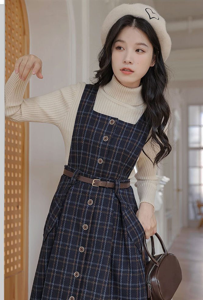 Button Up Plaid Pinafore Dress Maxct