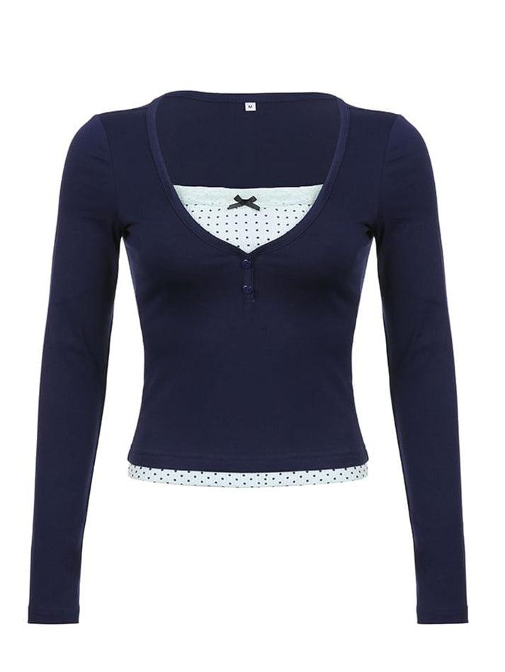 Maxct-Long Sleeve Mock Two Piece Lace-Trim Crop T-Shirt
