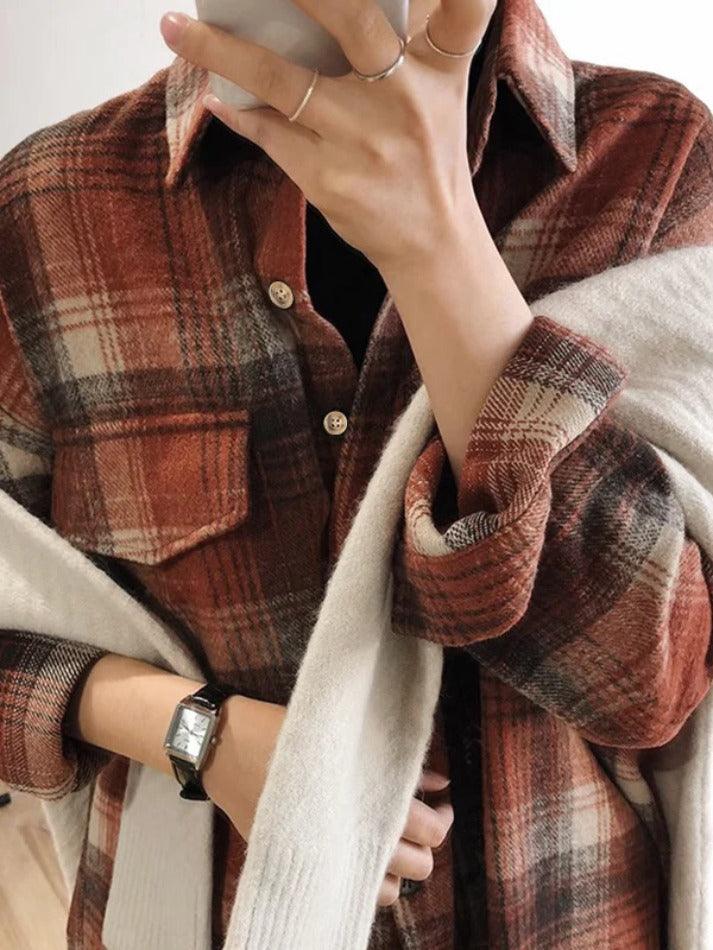 Maxct Vintage Plaid Brushed Long Sleeve Blouse
