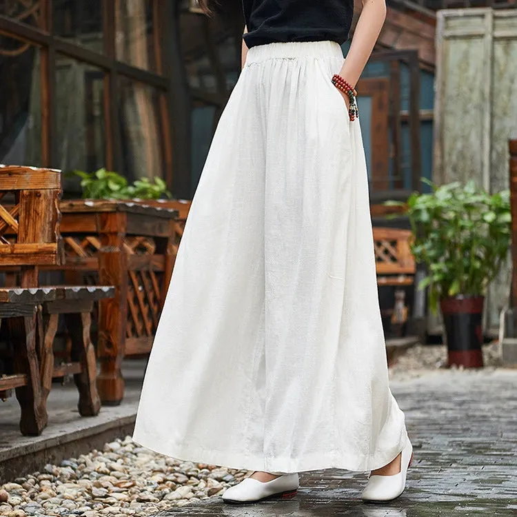 Women Linen Flowy High Elastic Waisted Wide-Leg Pants