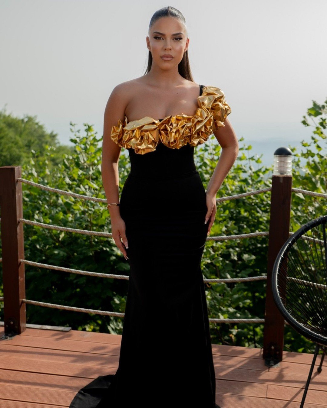 Maxct Cross Border Women Bandage Dress Evening Dress Golden Flower Slant Shoulder Dress High Purple Banquet Bandage Dress