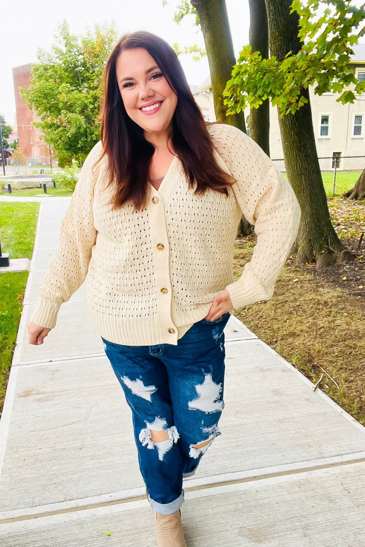 Maxct &Follow Me Oatmeal Pointelle Knit Button Down Cardigan
