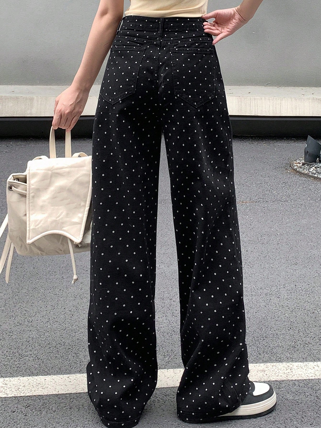 Maxct Women's Polka Dot Printed Wide Leg Loose Casual Denim Pants With Pockets