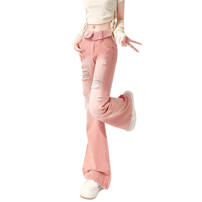 Pink Star Denim - Y2K High Waist Distressed Jeans for Women - true deals club