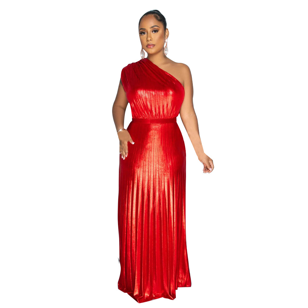 Maxct K10693 Women's Fashion Oblique Collar Sleeveless Slim-Fit Pleated Dress - Image 3
