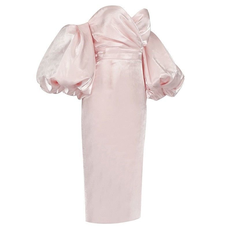 Smiley Puff Sleeve Satin Midi Dress Maxct