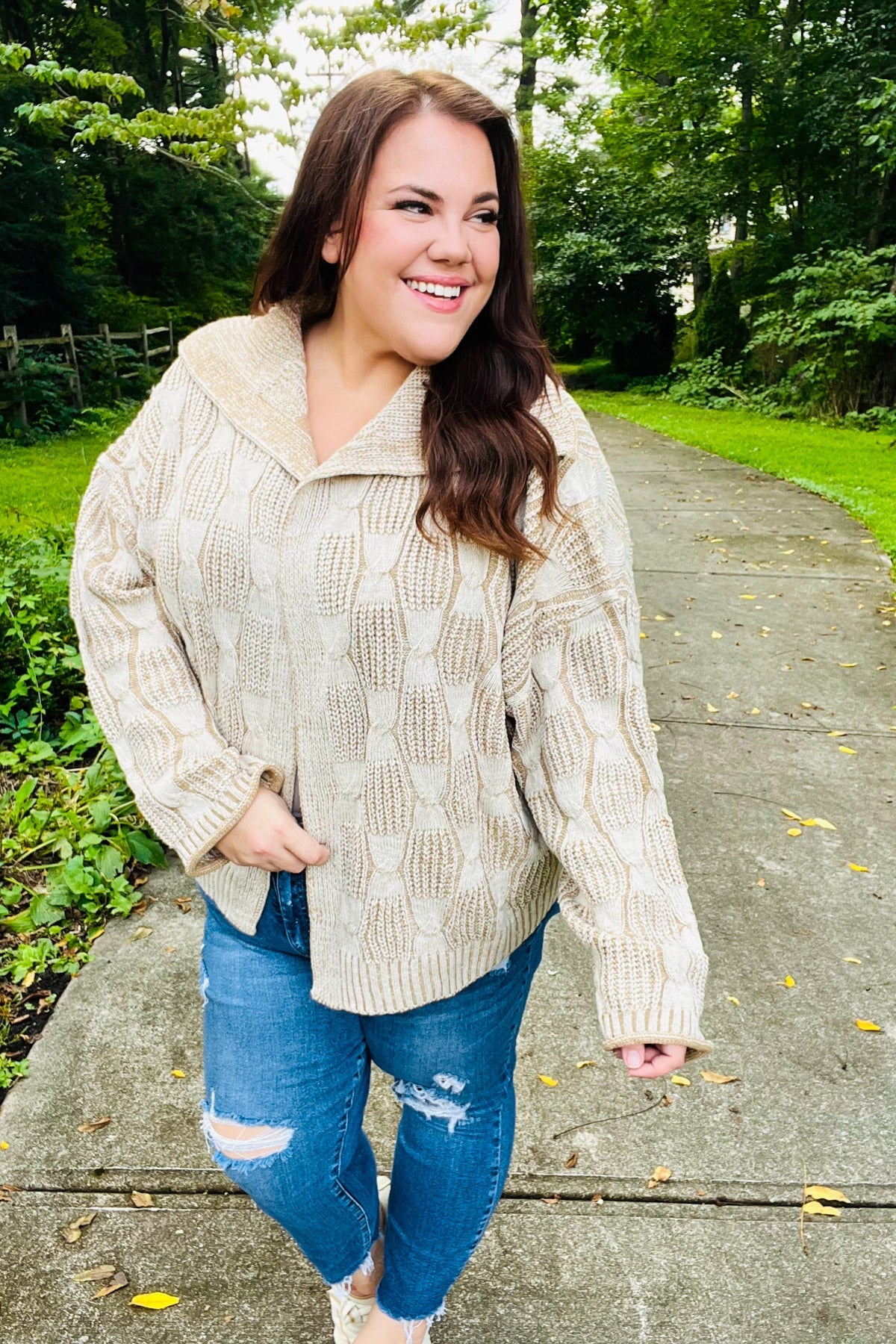 Maxct &Autumn Vibes Taupe Textured Cable Knit Collared Cardigan