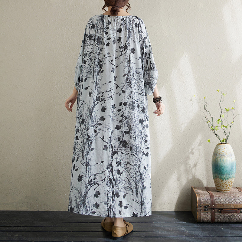Spring Cotton Comfortable Plus Size Printed Lantern Sleeves Dress