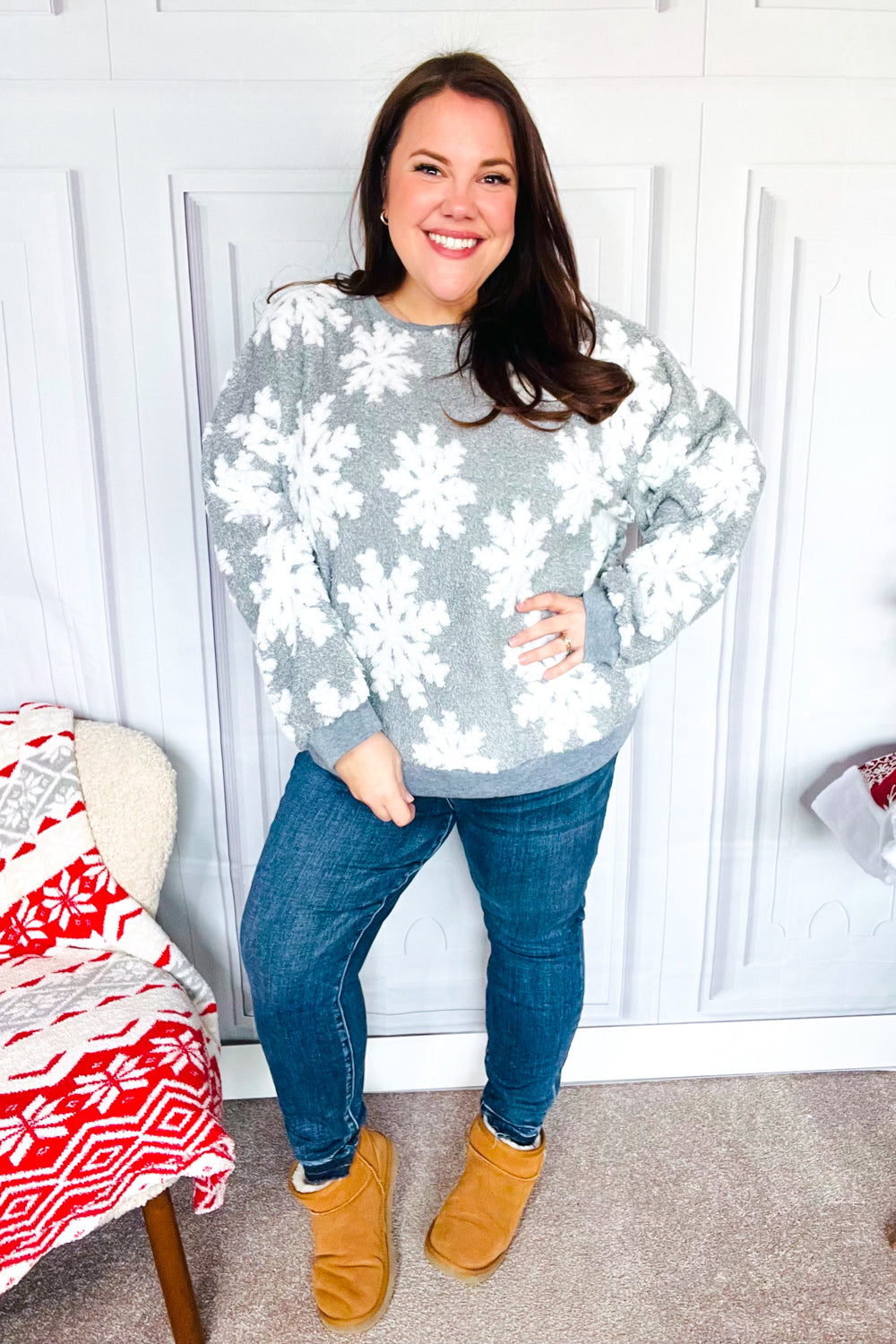 Maxct &Season Greetings Silver Puffy Snowflake Sherpa Pullover