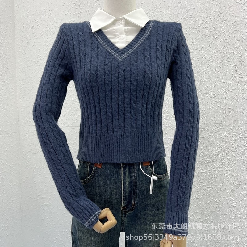 Maxct classy outfits men Preppy Style Twist Stitching Shirt Collar Fake Two Pieces Autumn New Knitwear Sweater Coat Top for Women