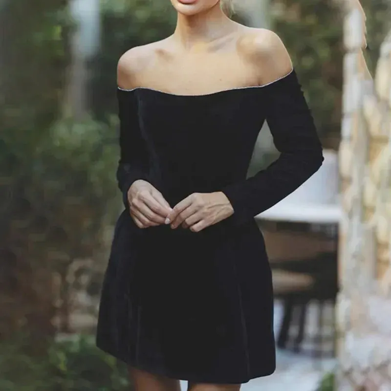 Black Off Shoulder Dress High Waist Slim Short Dress Retro Y2k Luxury Party Evening Dress Vestidos Maxct