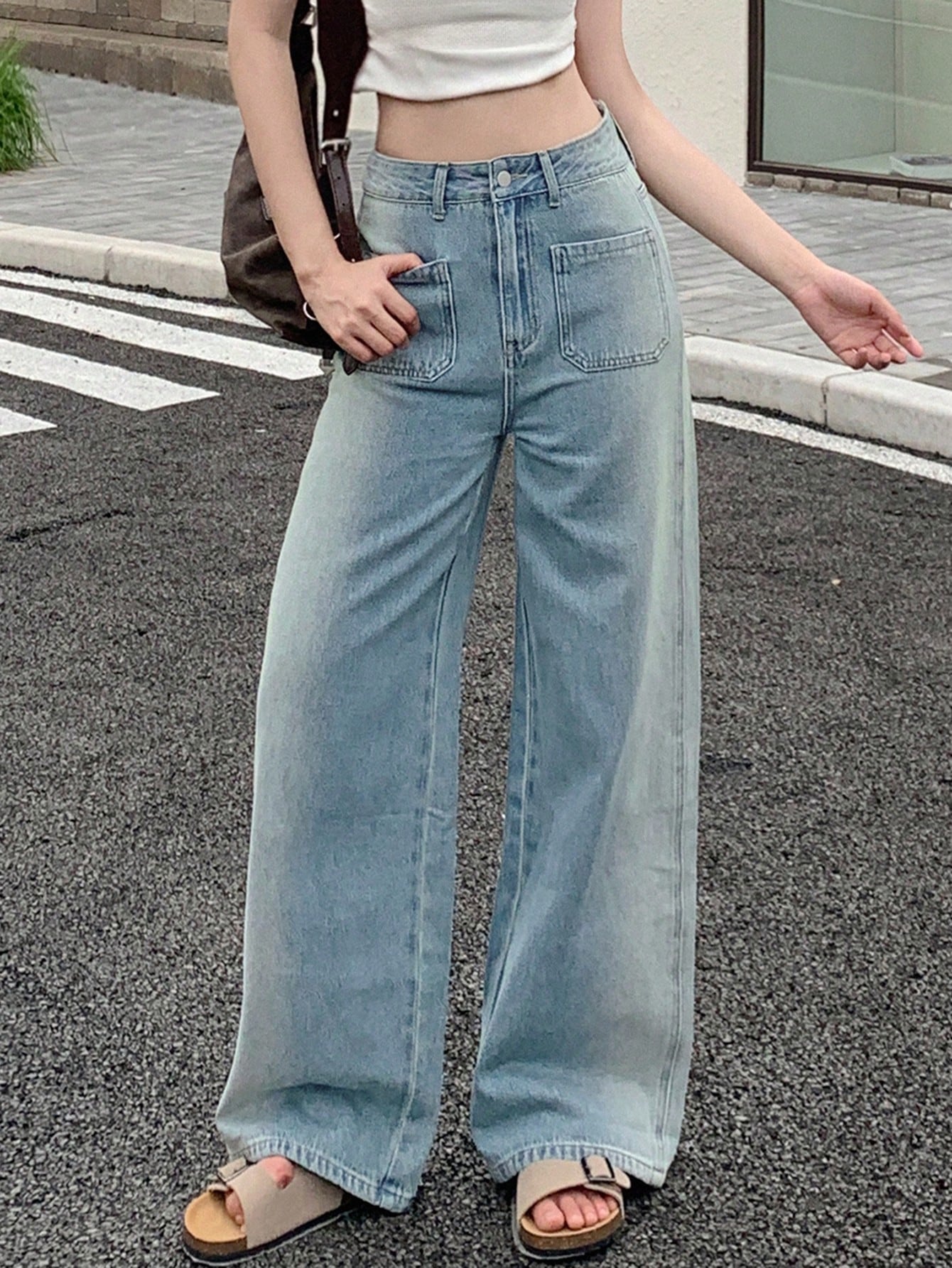 Maxct Women Casual Wide Leg Denim Pants With Pockets For Daily Wear