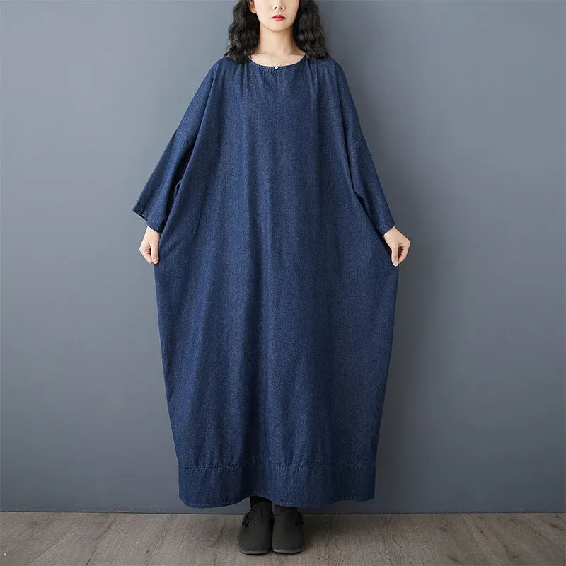 Maxct Women Spring Retro Oversized Vintage Denim Casual Long Dress