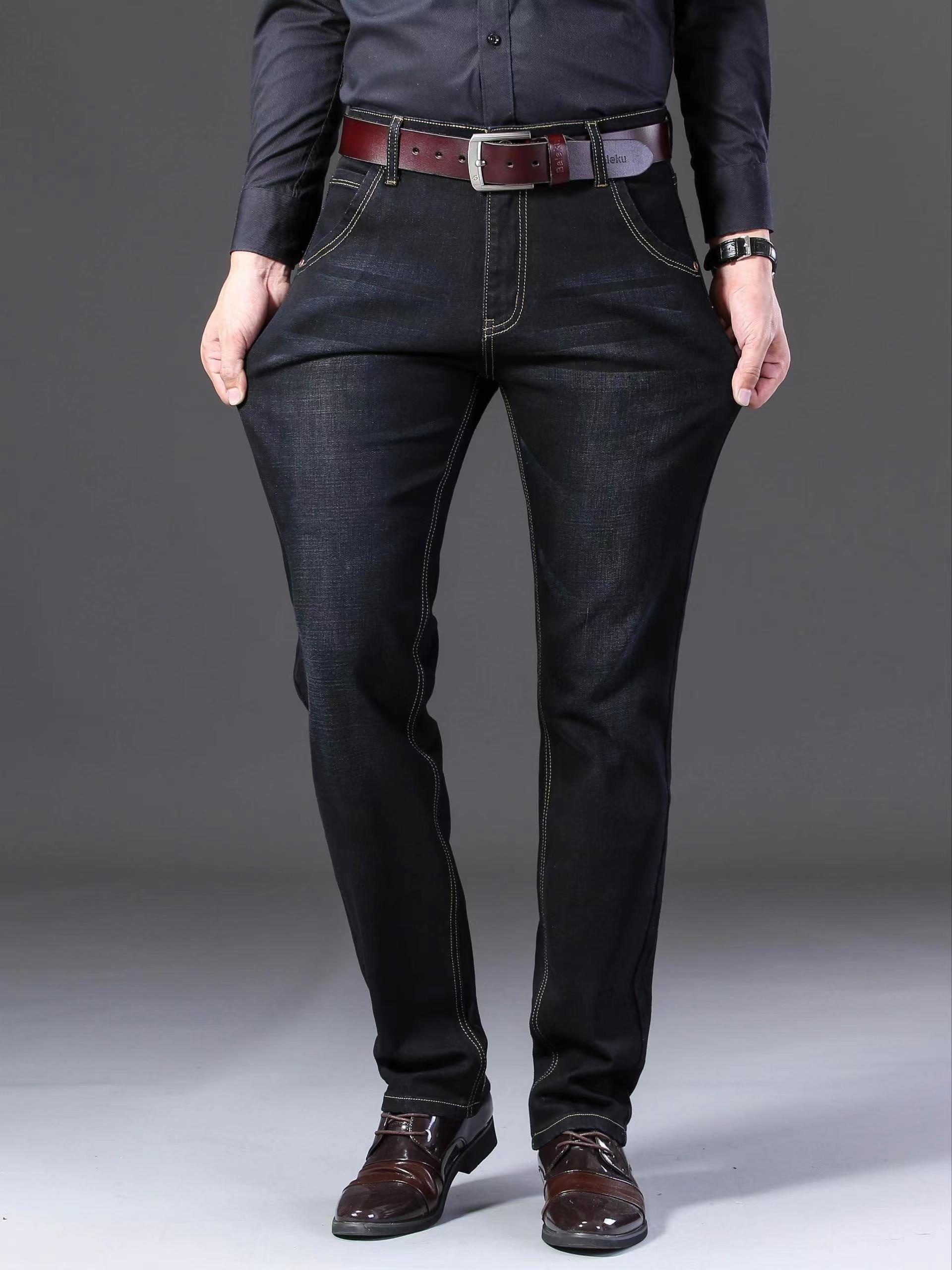 Men's Straight Leg Slim Stretch Retro Jeans Mid Waist Basic Zipper Wash Denim Pants