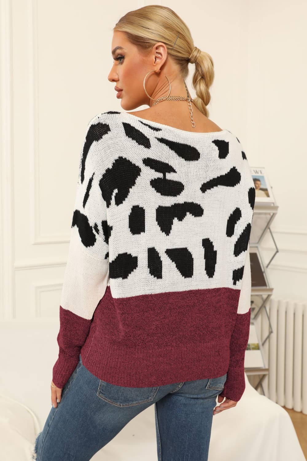 Maxct &Full Size Two-Tone Boat Neck Sweater