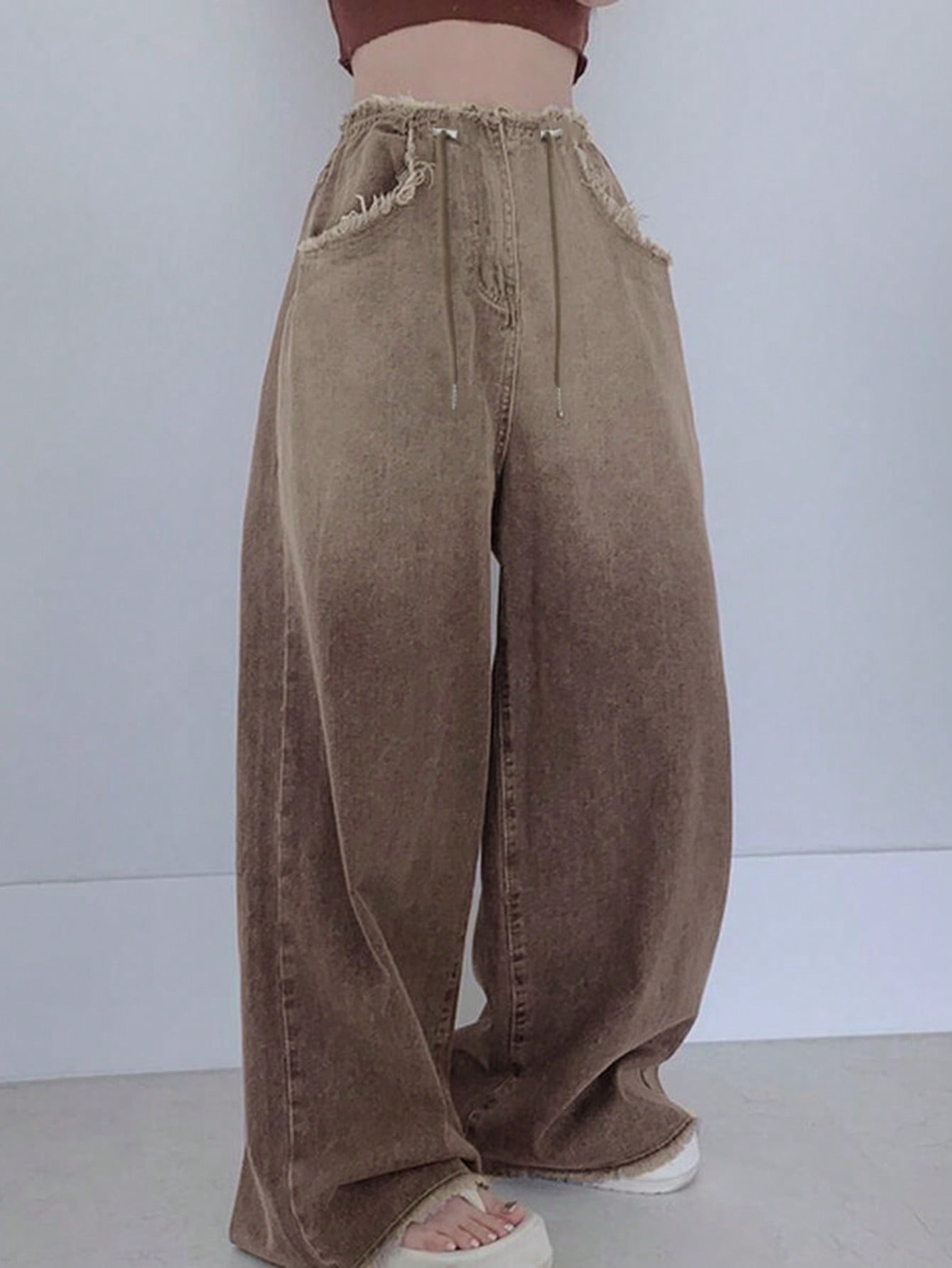 Maxct Women Frayed Bleached Wide Leg Denim Pants With Drawstring
