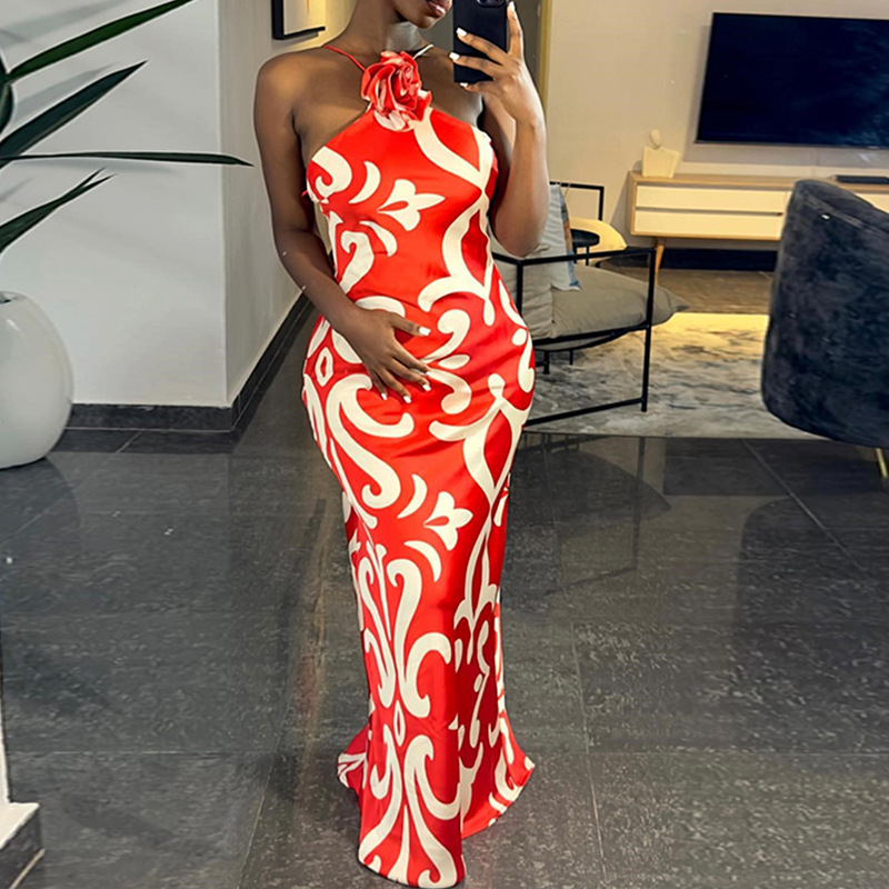 Maxct Fashionable Printed Sexy Sleeveless Halter Three-Dimensional Flower Decoration Sheath Dress Trendy Women