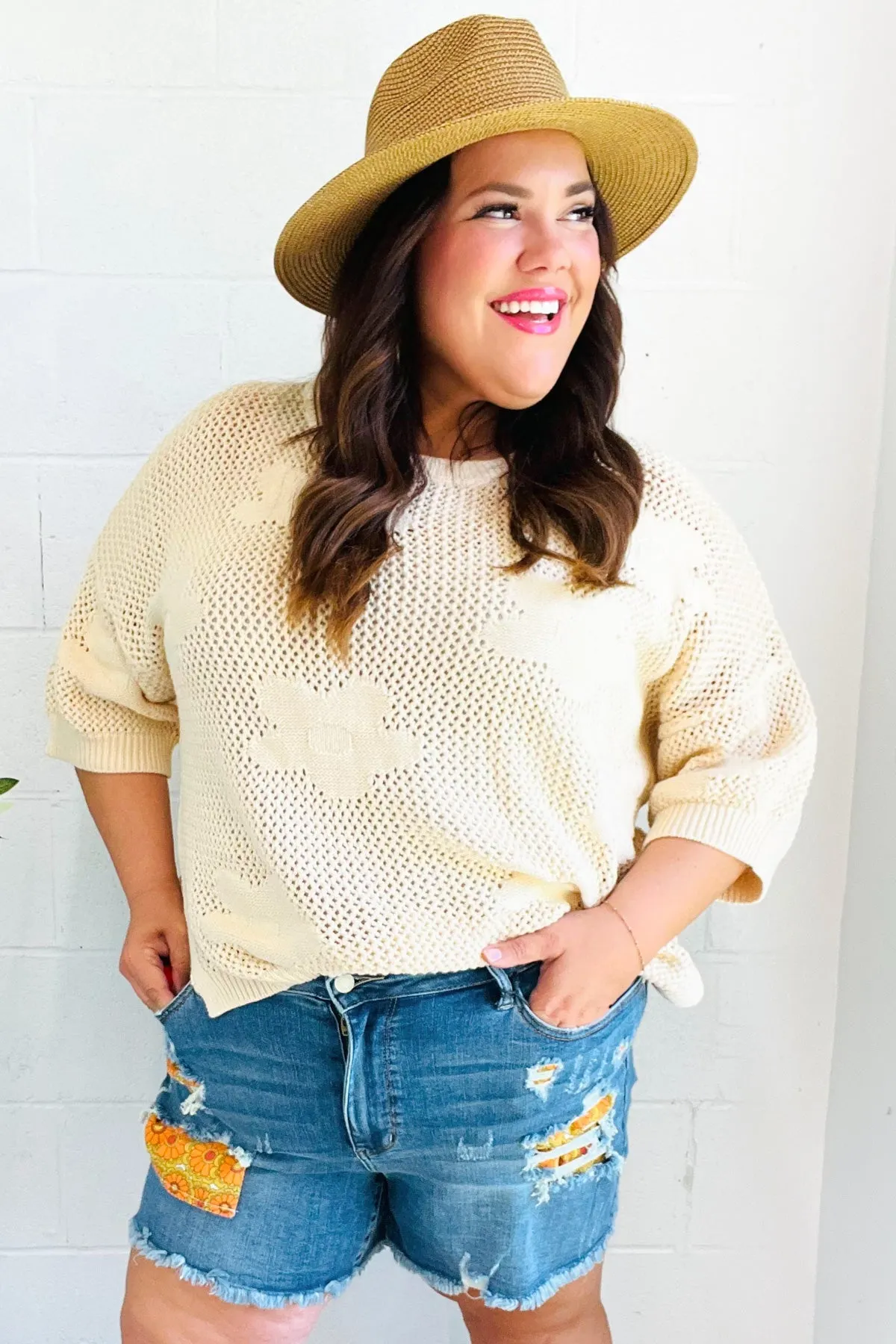 Maxct &Feel Charming Oatmeal Floral Netted Crochet 3/4 Sleeve Sweater Top