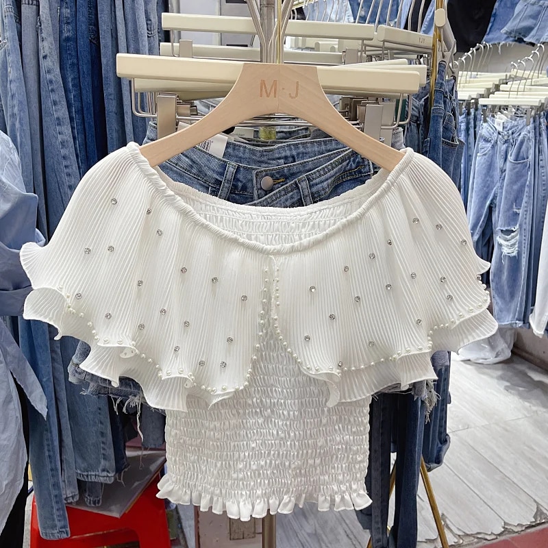 Maxct Sweet Cropped T-shirt Women Beading Ruffles Slash Neck Crop Tops Girls High Stretchy Fashon Tee Shirts