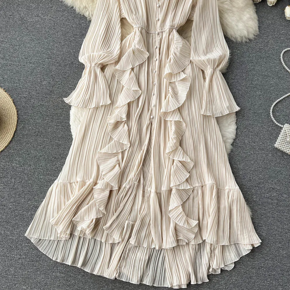Chiffon Pleated Long Dress Women Vintage V-Neck Flare Sleeve Draped Ruffle Vestido Female Maxi Robe Spring Fall 1215-1