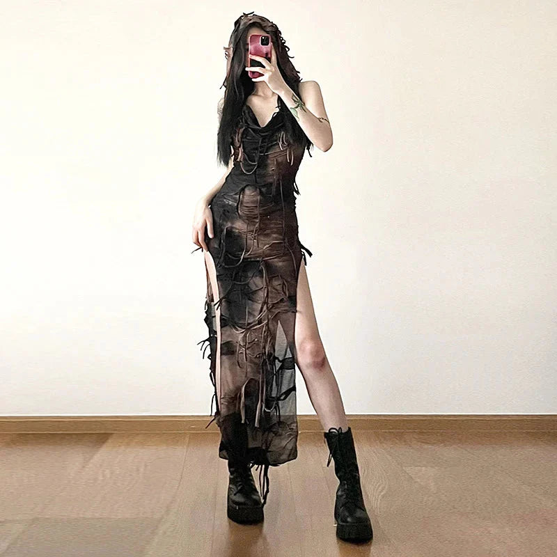 Grunge Dress y2k Tie Dye Print Sleeveless Side Split Hooded Dress Gothic Party Dresses Halloween Costume Maxct