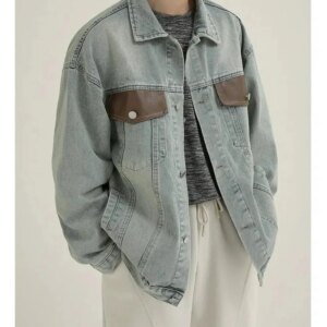 Maxct Light Blue Leather Lapel Denim Jacket
