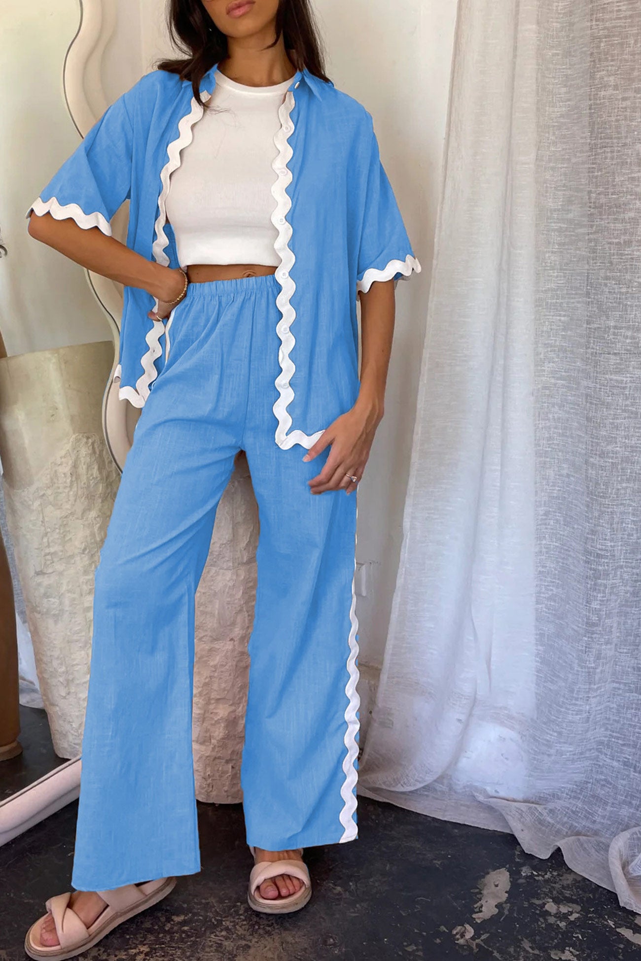 Maxct Wavy Stitching Blouse Long Pants Set