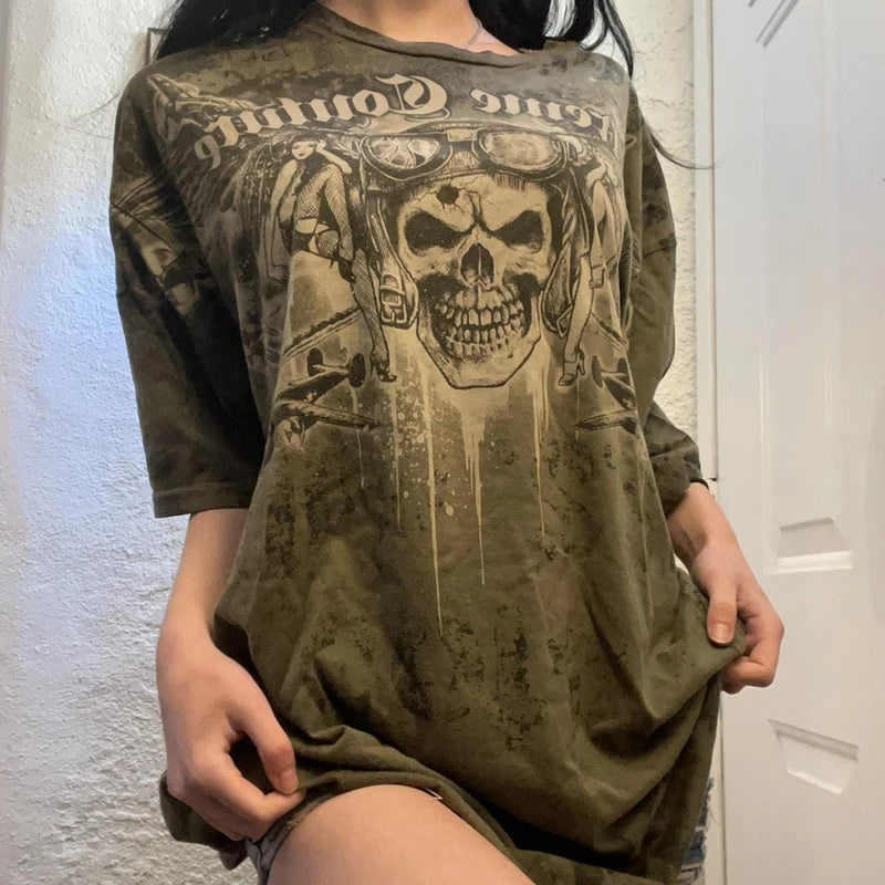 Maxct Punk Harajuku Grunge Short Sleeve Loose Tees E-girl Gothic Skulls Graphic Print T-shirt Y2K Aesthetic Vintage Pullovers Tops