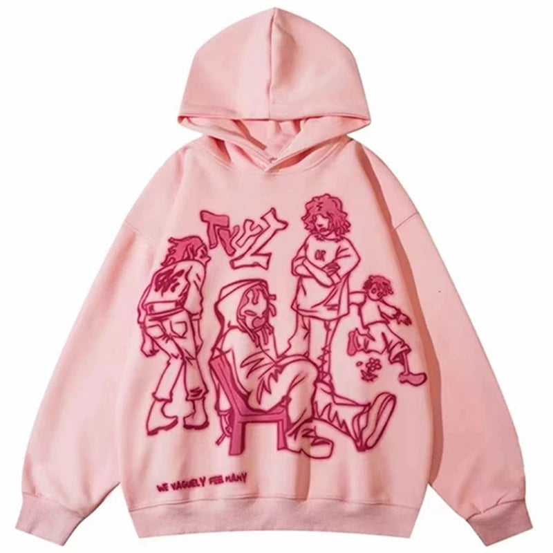 Maxct Cartoon Graphic Print Hoodies Women Men Y2K Streetwear Harajuku Long Sleeve Pink Hooded Sweatshirt Vintage Casual Loose Hoodie