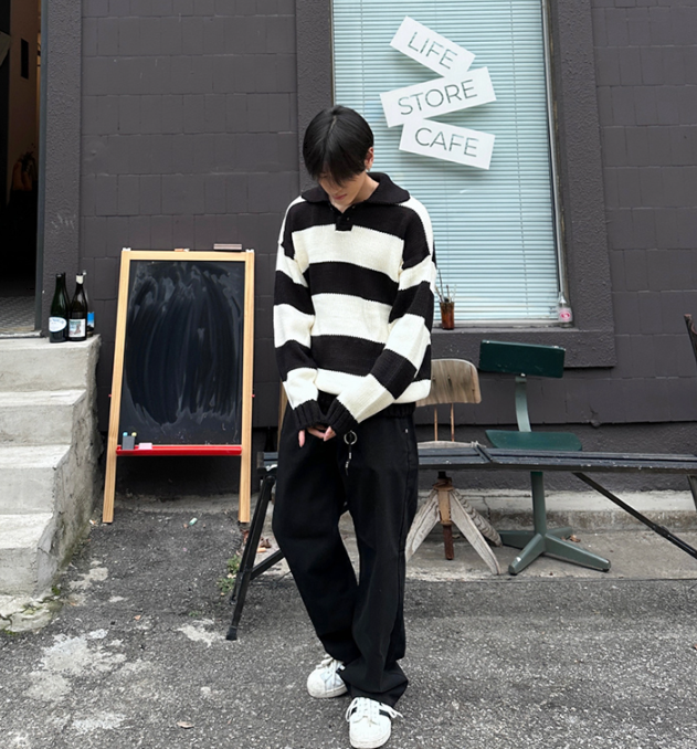 Maxct 6628 Striped Knitted Button-Up Shirt Sweater