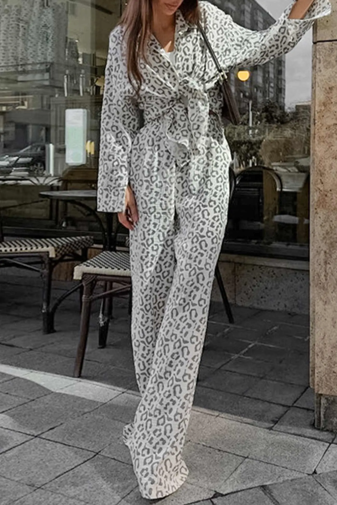 Maxct Cotton Leopard Shirt Long Pants Two-Piece Set