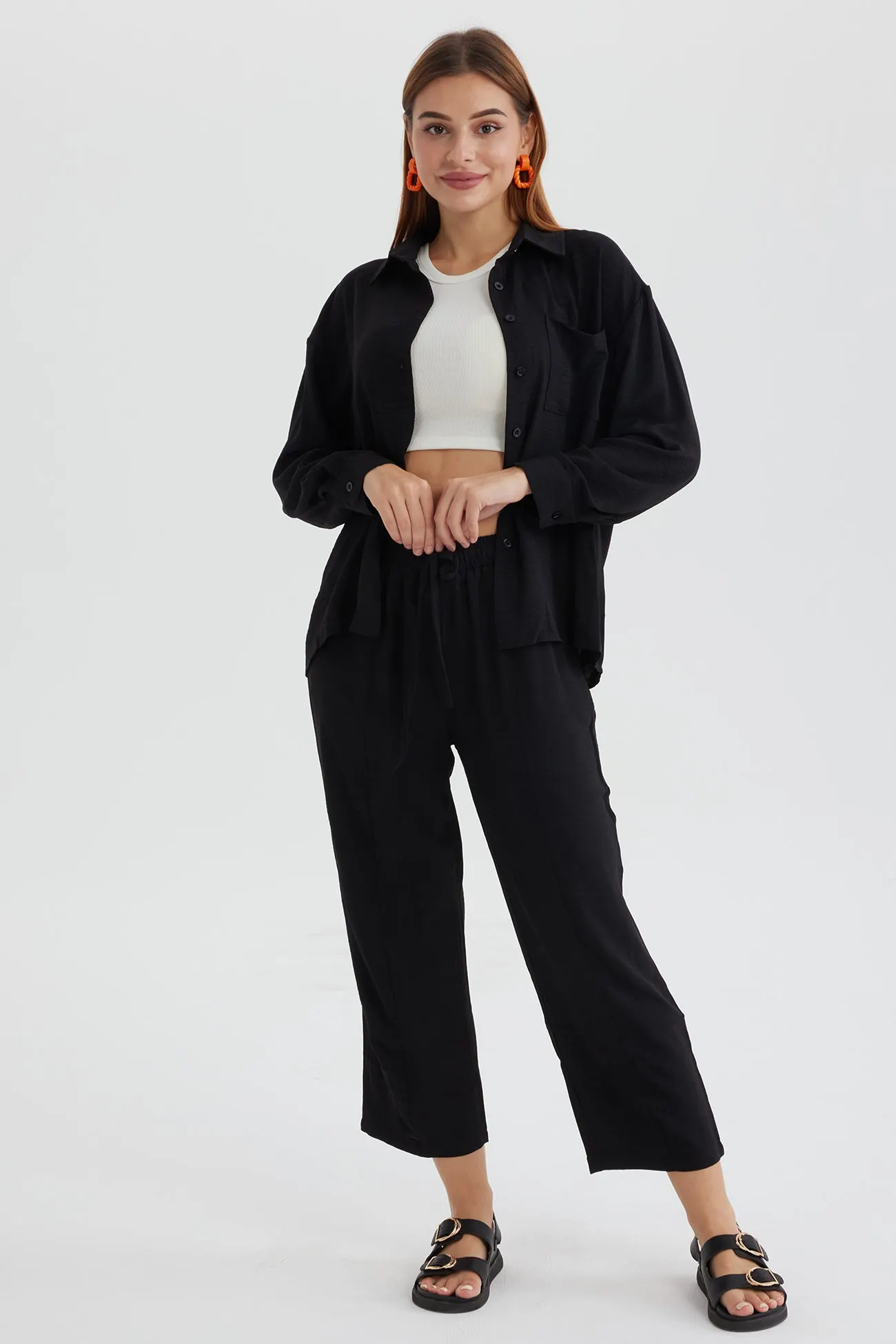 Maxct Long Sleeve Solid Color Shirt Long Pants Set - Image 40