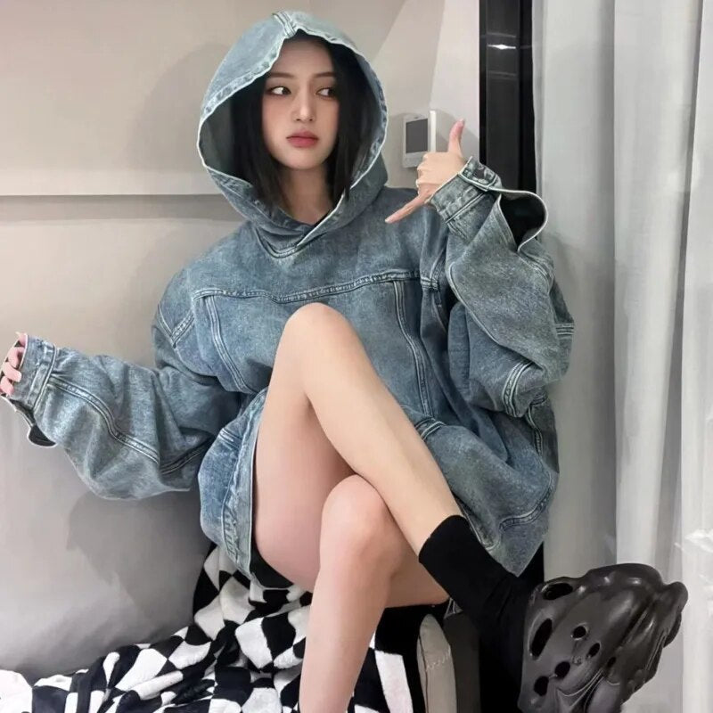 Y2K Women's Loose Denim Hoodies Sweatshirt Maxct - Image 3
