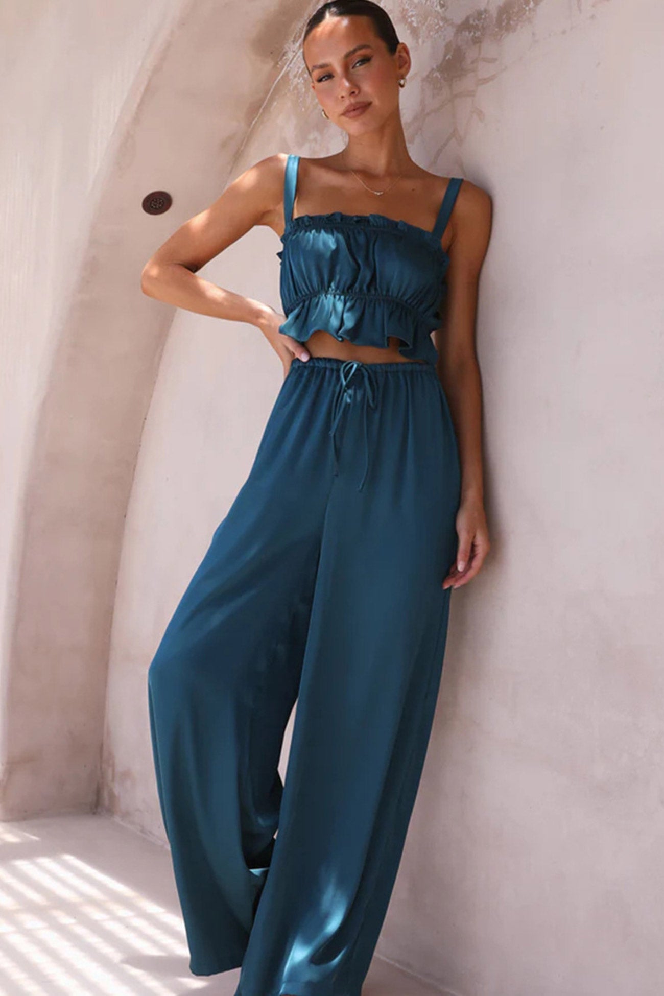 Maxct Smocked Ruffle Cami Crop Top Wide Leg Long Pants Set