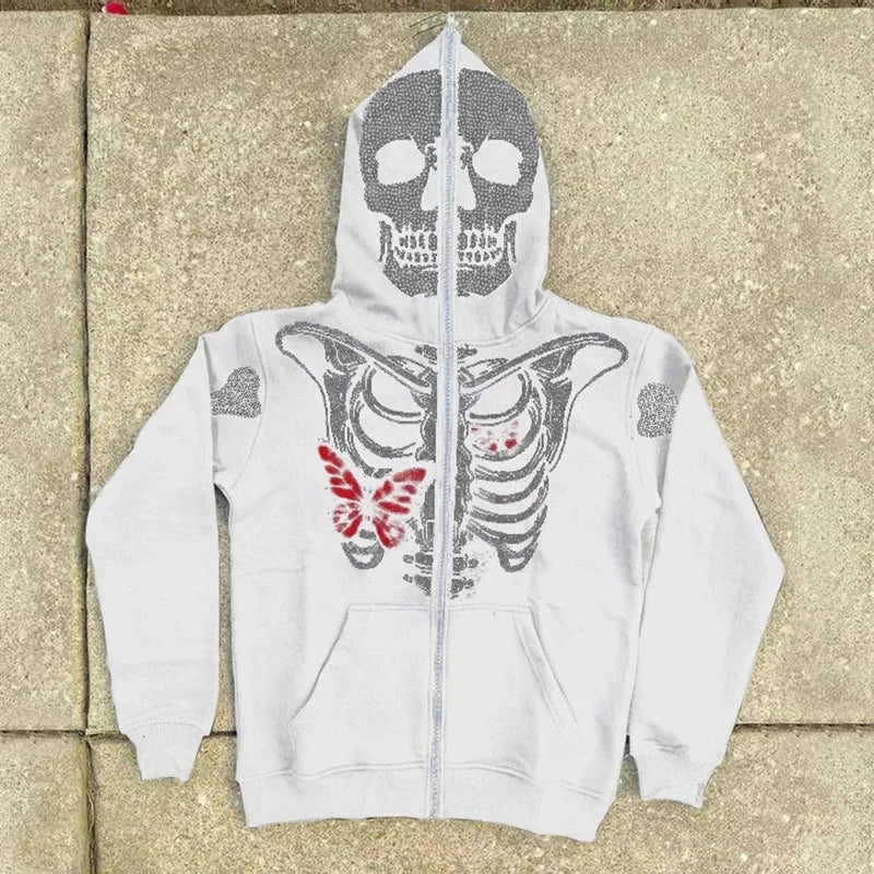Unisex Rhinestone Skeleton & Butterfly Zip Hoodie