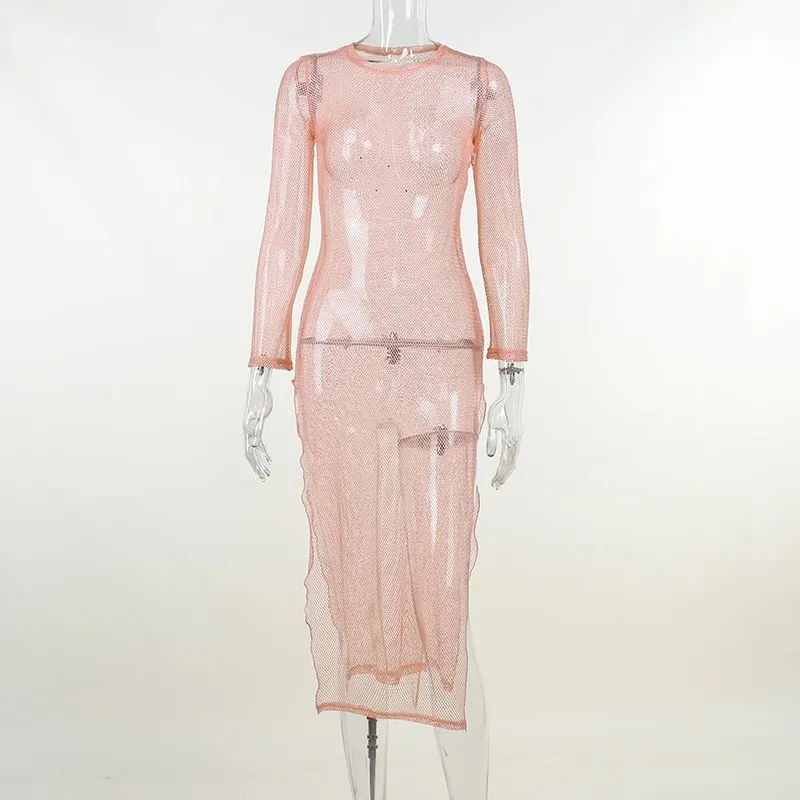 Sexy See Through Sheer Mesh Dress Elegant Solid Color Diamonds Slit Long Sleeves Dresses Party Club Lady Long Vestidos