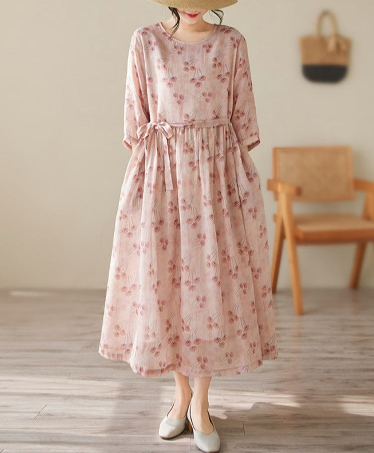 Women Spring Elegant Floral O-Neck Cotton Linen Midi Dresses