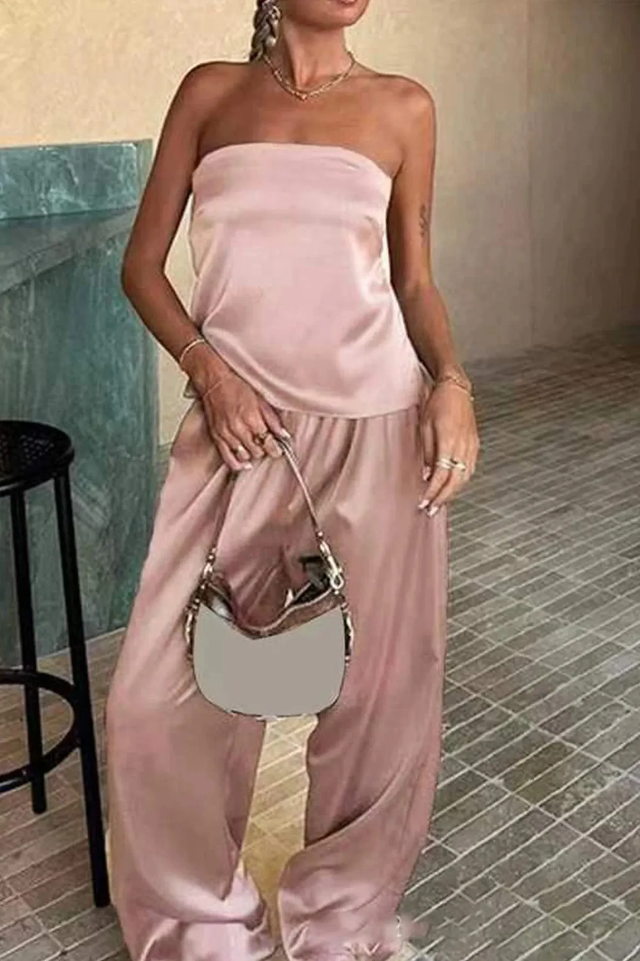 Maxct Satin Solid Tube Top Long Pants Suits