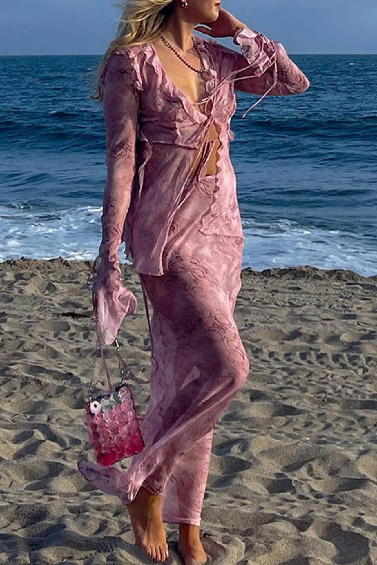 Maxct Mesh Printed Strappy Cardigan Skirt Suits