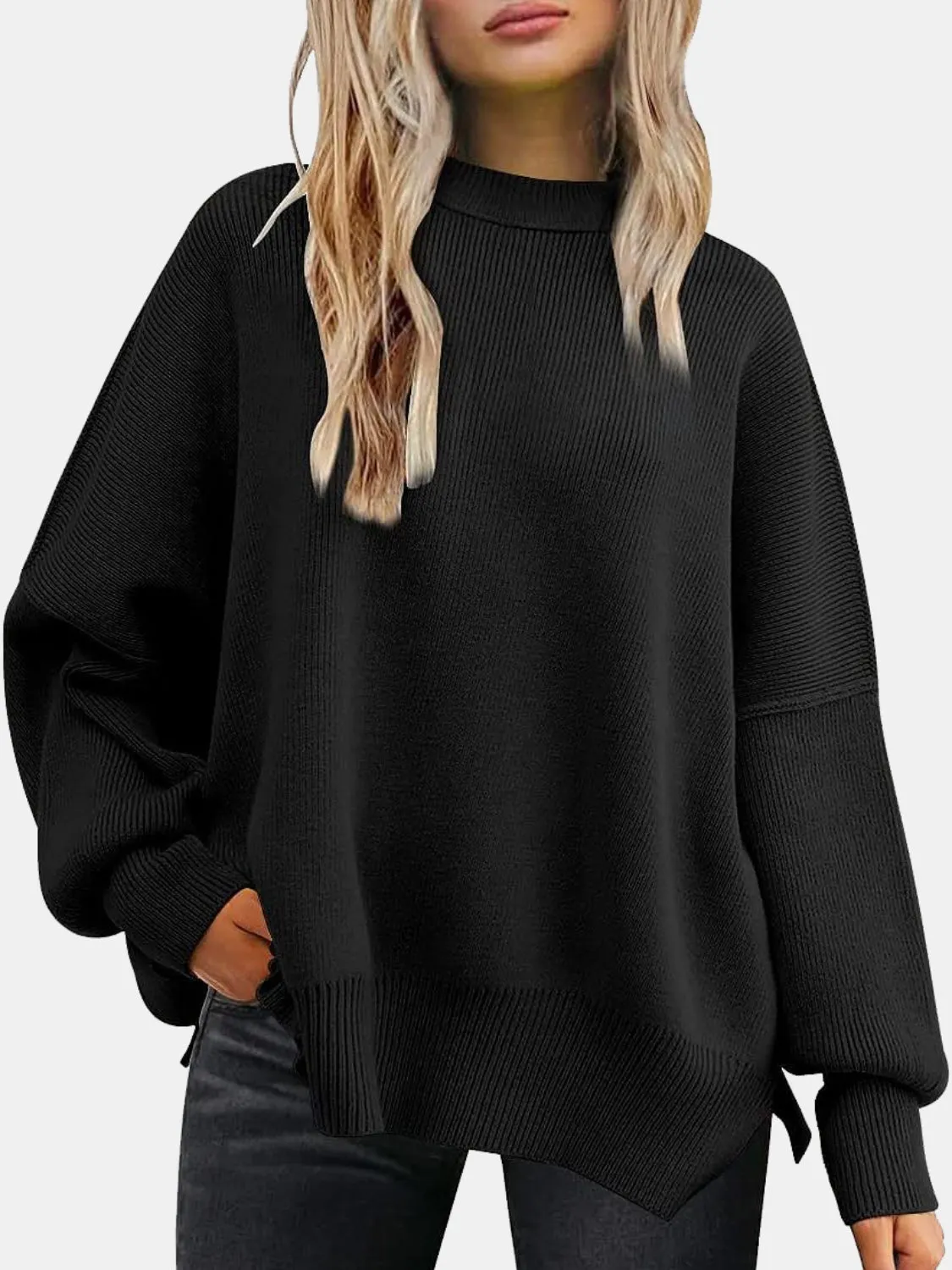 Maxct &Round Neck Drop Shoulder Slit Sweater