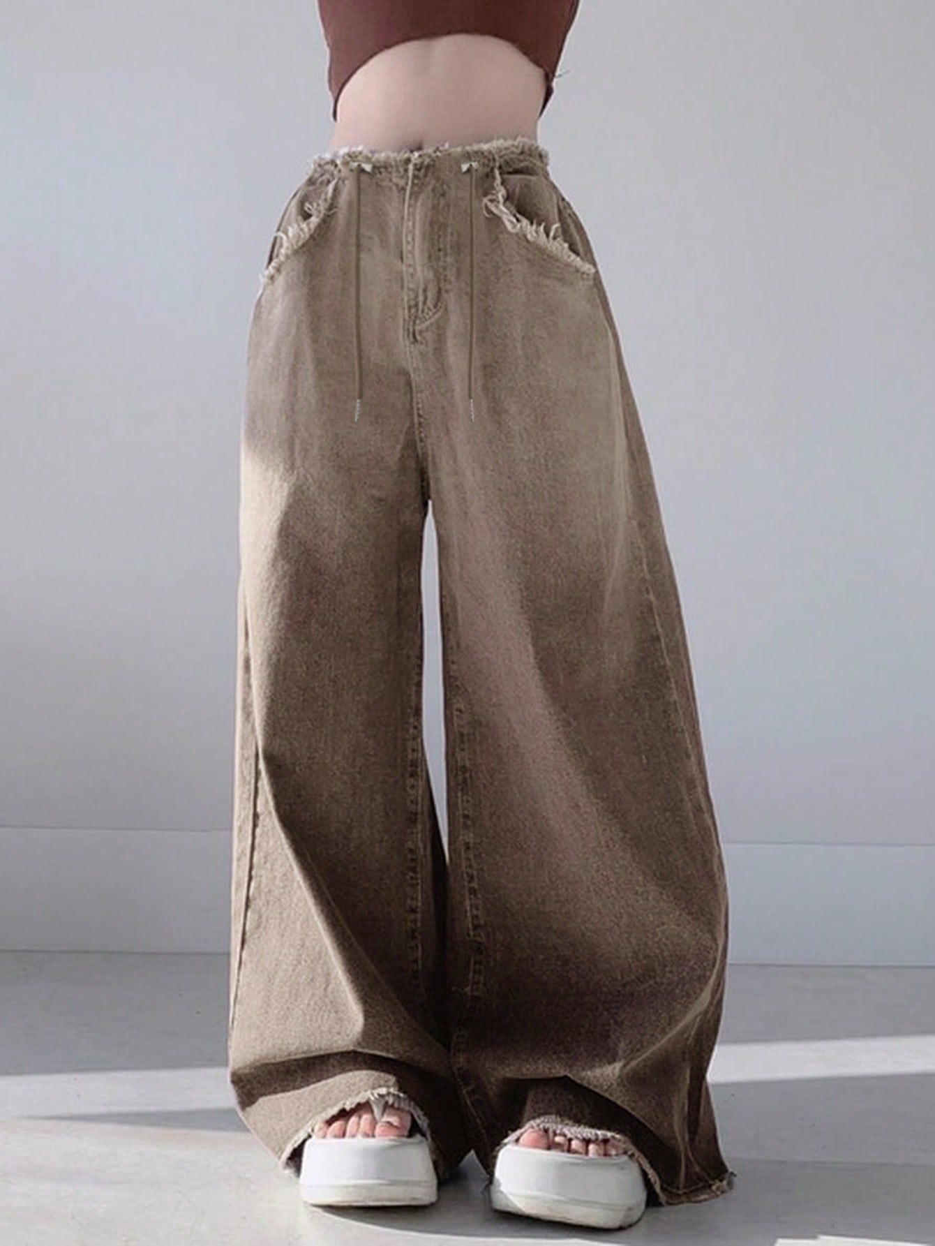Maxct Women Frayed Bleached Wide Leg Denim Pants With Drawstring