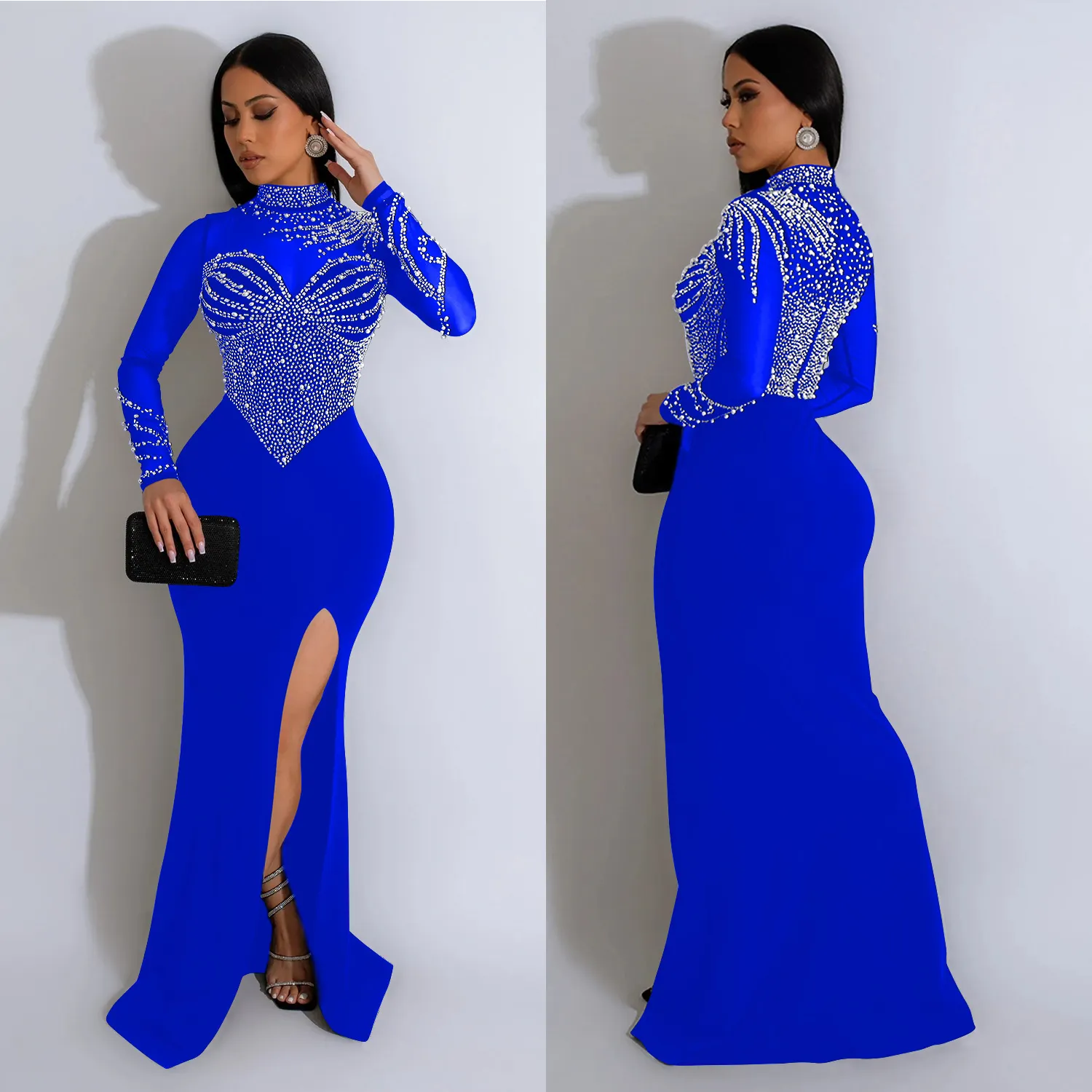 Maxct Maxct Fashion Women's Solid Color Net Gauze Hot Diamond Slit Long Skirt Dress